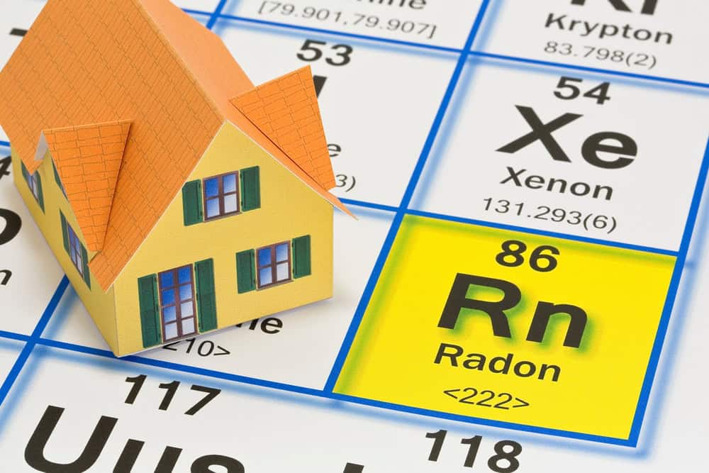 A model house sits on a periodic table, highlighting Radon (Rn) to emphasize radon gas in homes.