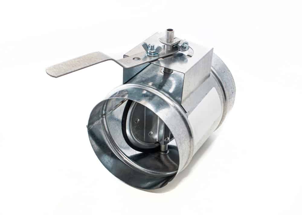 Galvanized metal HVAC duct damper with manual control lever for air flow regulation.