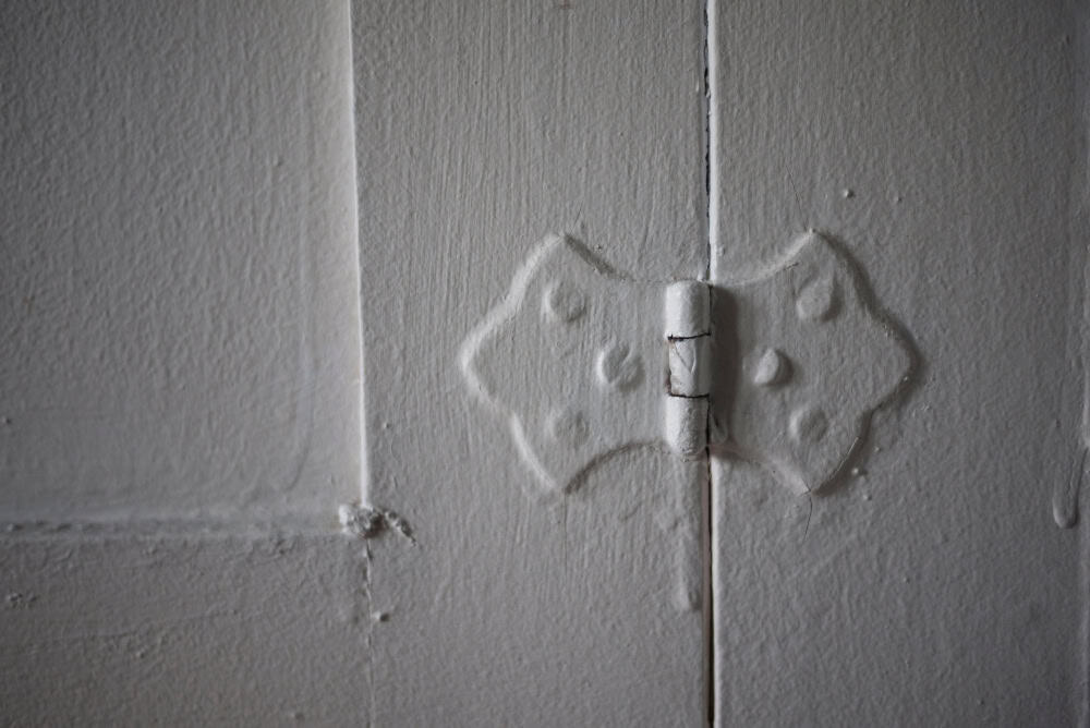 A close-up of an old, weathered hinge on a painted wooden door.