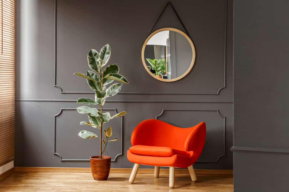 A vibrant orange chair contrasts beautifully with the grey walls, complemented by a lush green plant in a cozy, modern room.