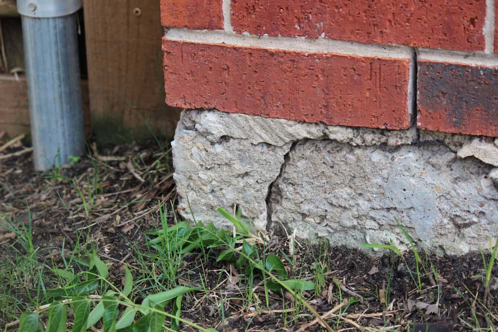 Cracked foundation of a brick wall, surrounded by green plants and soil.