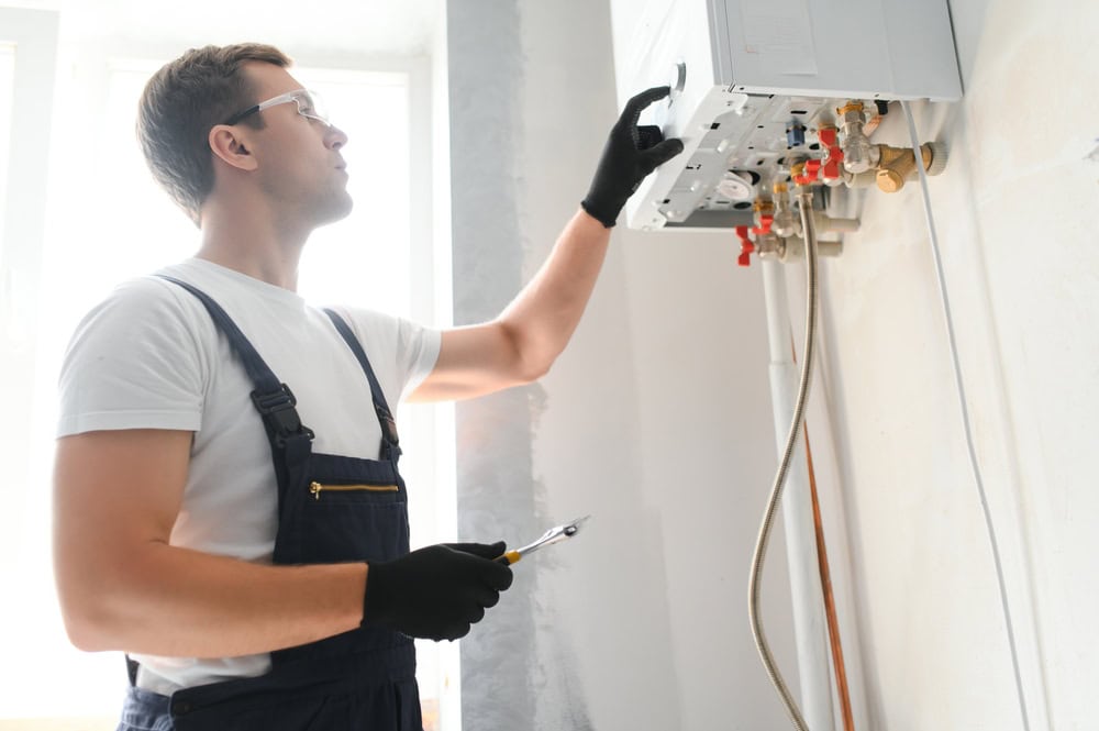 A technician meticulously works on a boiler installation, ensuring everything is in perfect order.