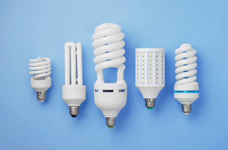 A lineup of modern energy-efficient light bulbs on a blue background, showcasing various designs including CFL and LED.