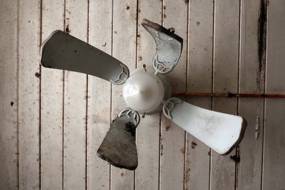 A vintage ceiling fan hangs from a rustic, weathered wooden ceiling.