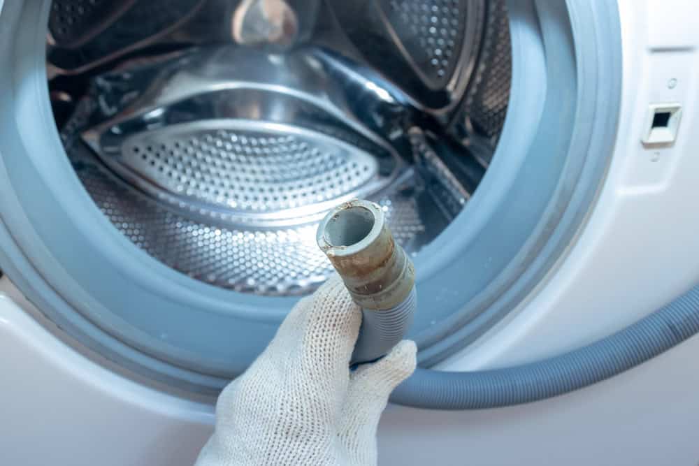 Inspecting the washing machine drain hose for clogs and maintenance.