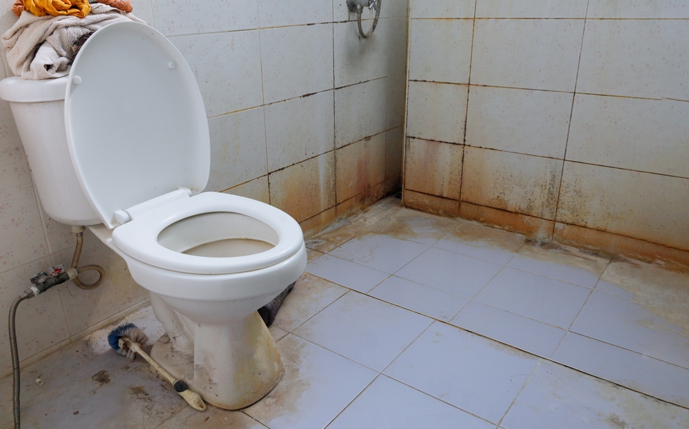 Grimy bathroom with dirty tiled walls and a white toilet, showing signs of neglect and poor maintenance. A toilet brush lies on the floor beside rusty water stains.