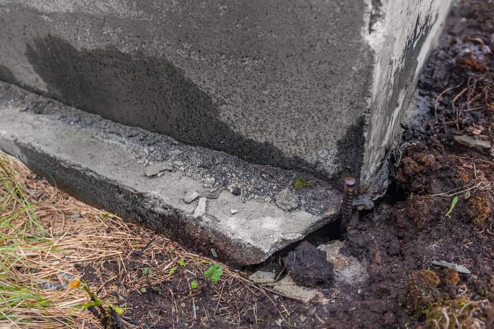 A weathered concrete foundation with exposed rebar, surrounded by soil and small plants.