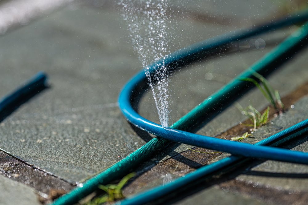 A garden hose sprays water, creating a misty arc on the sunlit patio.
