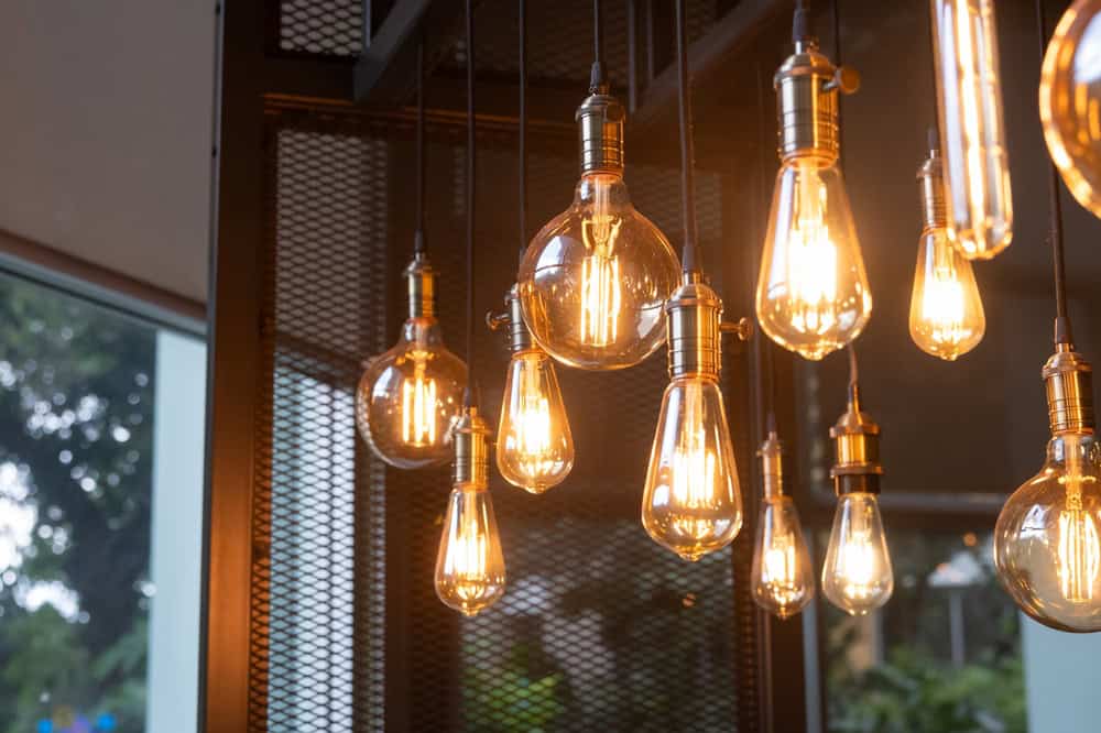 Vintage Edison bulbs casting a warm glow.