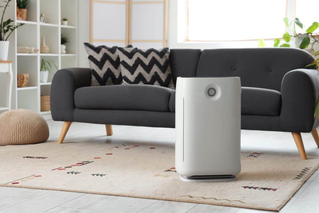 A sleek air purifier is positioned on a patterned rug in a modern living room. A dark gray couch with zigzag-patterned cushions and light decor, including plants on shelves, create a cozy yet fresh ambiance.