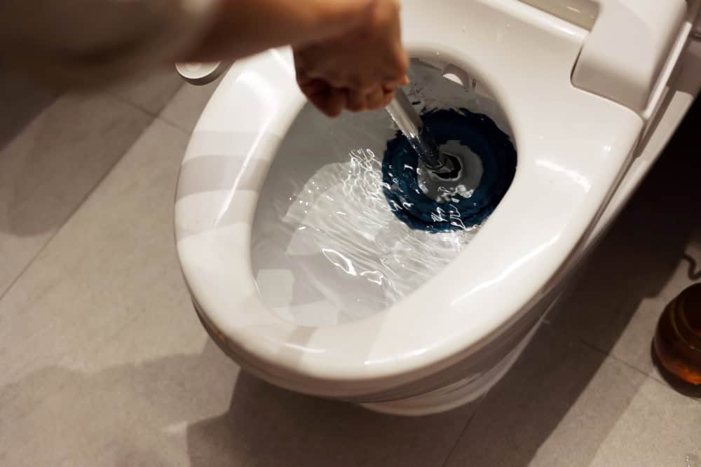 Unclogging a toilet with a plunger, tackling a common household issue head-on.