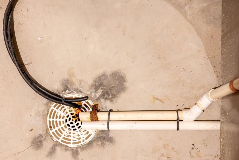 Rusty HVAC condensate drain pipes emptying into a basement floor drain.
