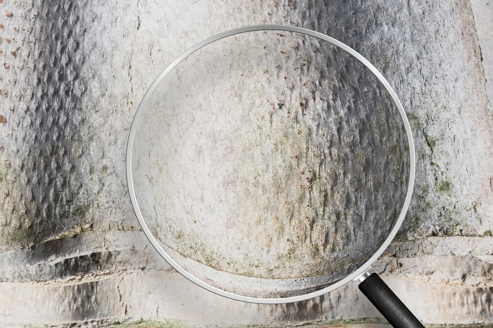 Examining the intricate texture of weathered stone with a magnifying glass.