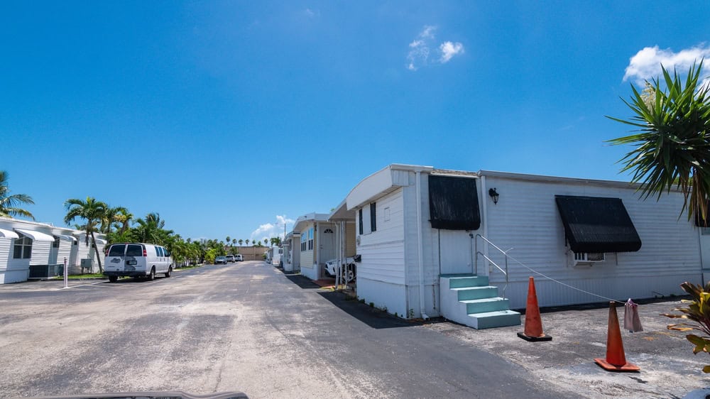 A sunny day in a quiet Florida trailer park, where palm trees.