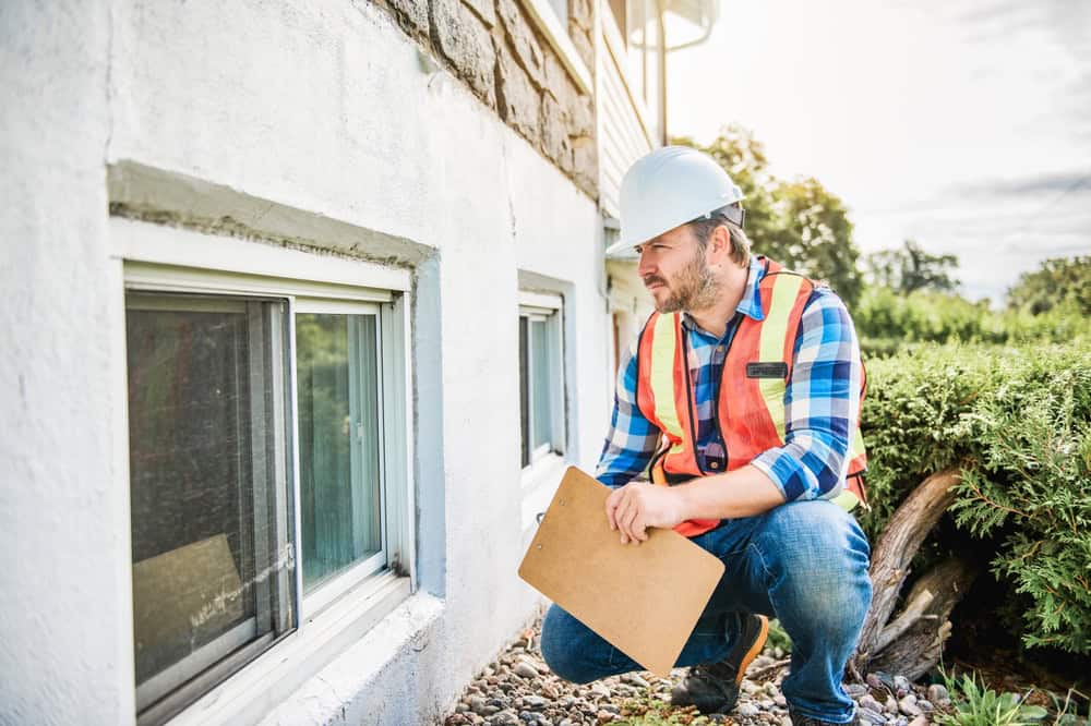 Home inspector evaluates basement windows for signs of damage during property assessment.