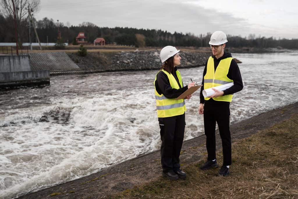 Construction or engineering professionals assess a fast-moving waterway, wearing safety gear as they review plans beside turbulent waters at what appears to be a hydroelectric facility.