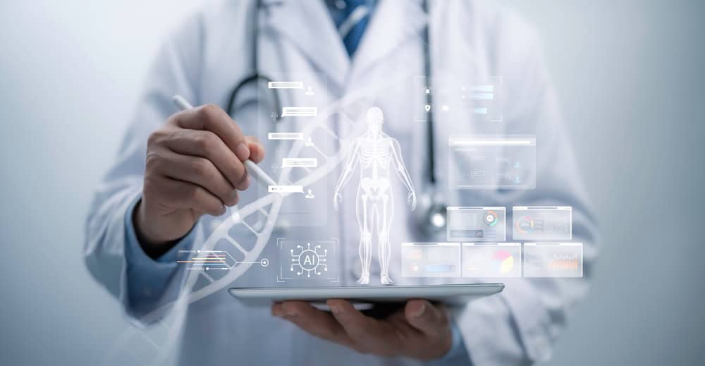 A doctor uses advanced technology to analyze a holographic human body and DNA.