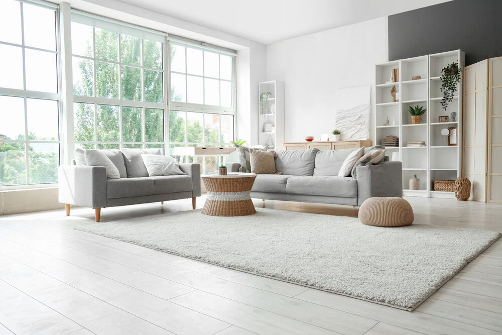 A bright, airy living room with large windows, cozy grey sofas, and modern decor.