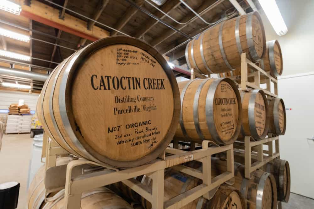 Aging barrels of rye whiskey at Catoctin Creek Distilling Company in Purcellville, Virginia.