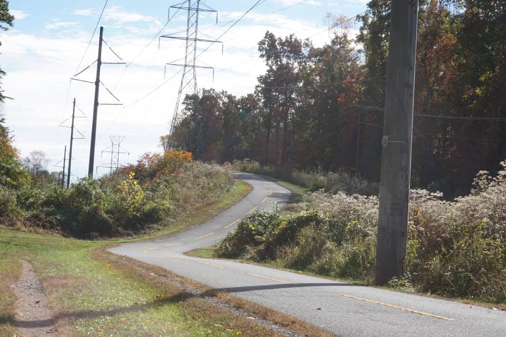 A winding bike trail weaves through autumn foliage beneath towering power lines on a crisp, sunny day.