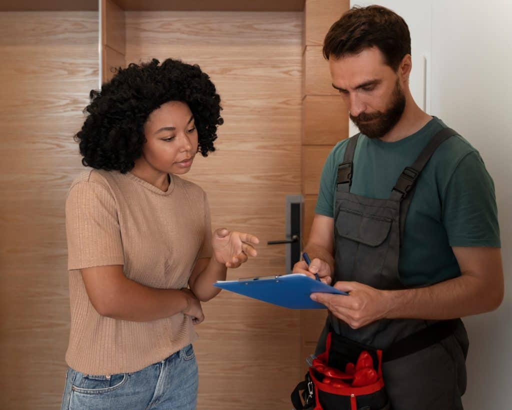 Service professional reviewing paperwork with homeowner during an in-home maintenance visit