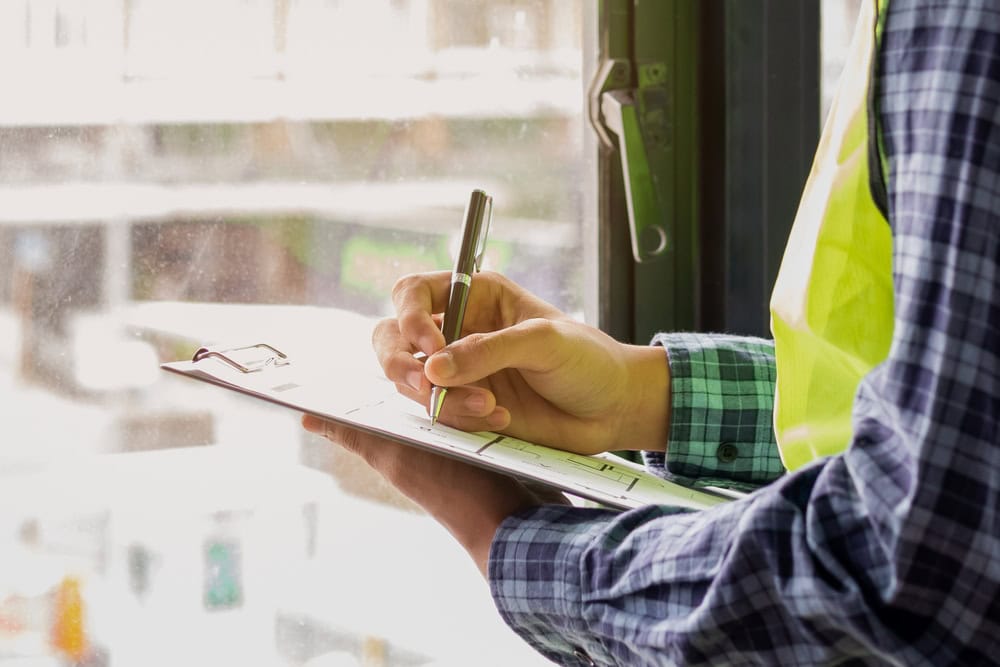A construction worker takes notes on a clipboard, ensuring precision and safety on the job site.