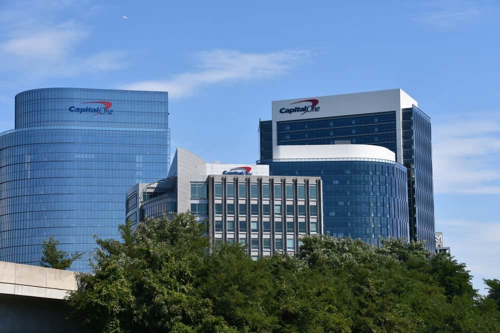 Modern skyscrapers of Capital One in a vibrant urban landscape.