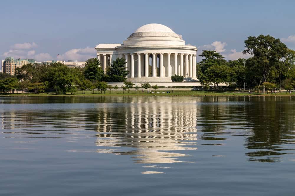 The Jefferson Memorial beautifully reflected in the calm waters of the Tidal Basin in Washington, D.C.