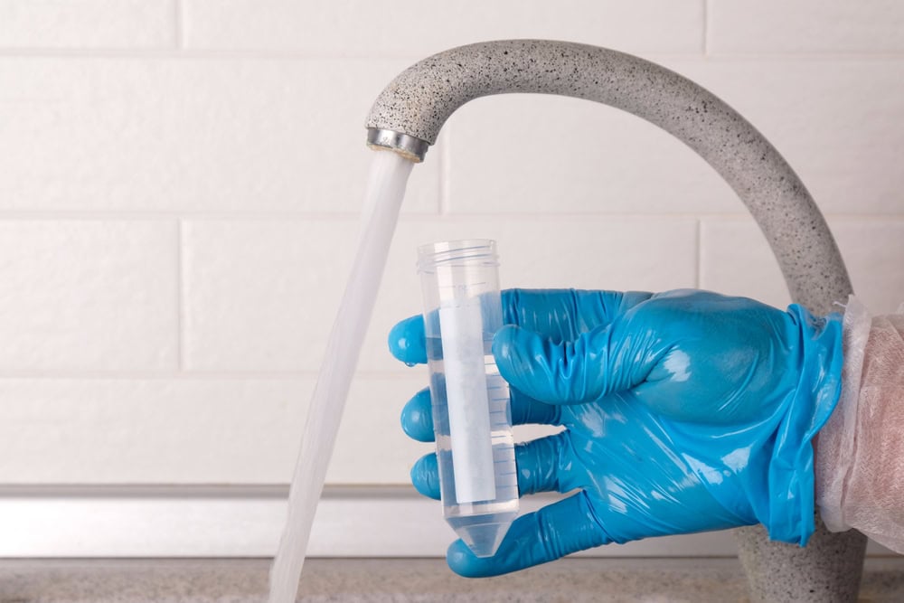 Collecting a water sample under the faucet with precision and care.