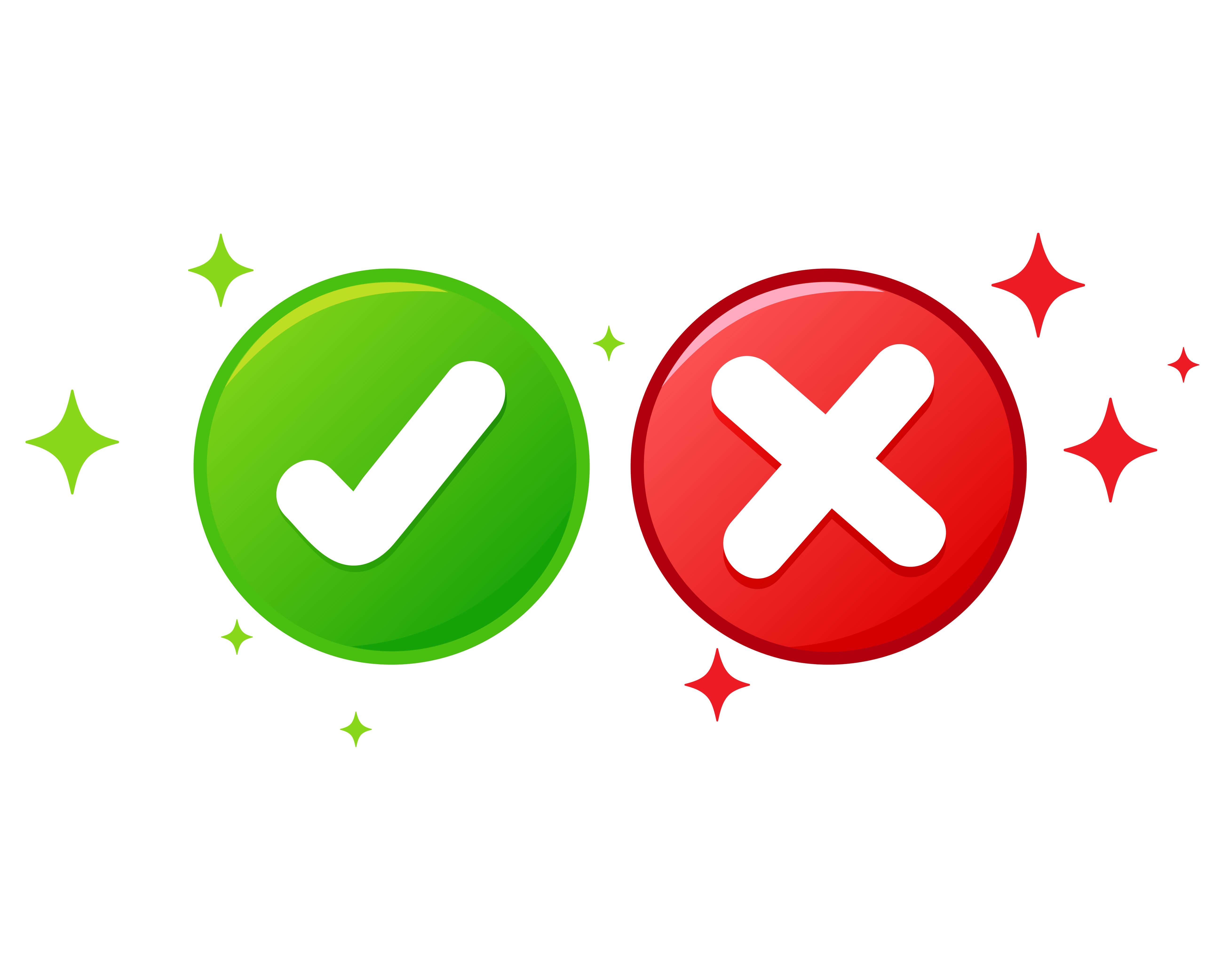 Yes and No Icons: Green checkmark and red X symbols with sparkle effects