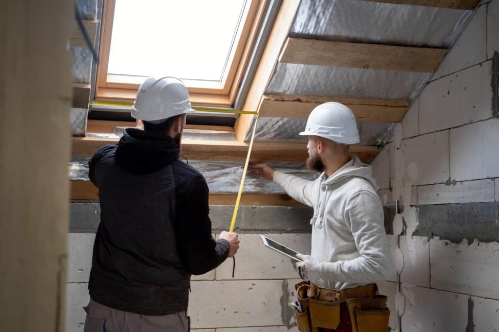Two construction workers in hard hats measure and inspect an attic skylight, planning renovations with a tablet in hand.