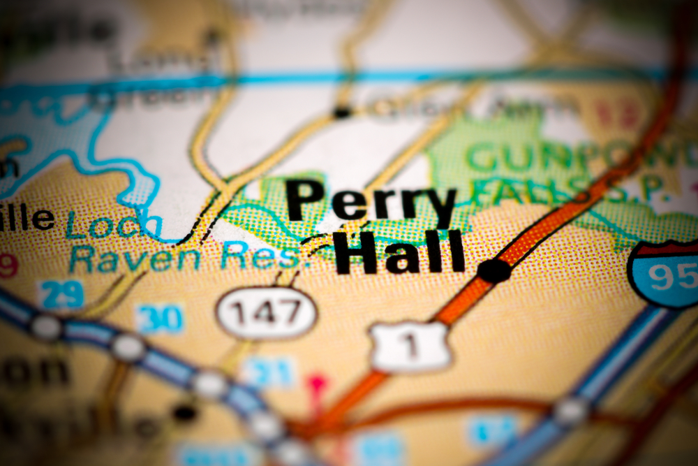 Perry Hall highlighted on a detailed map, showing major routes and nearby landmarks.