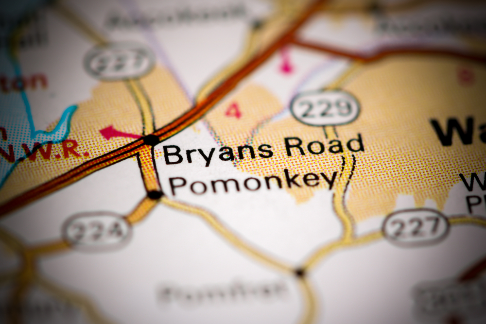 Detailed map highlighting Bryans Road in Maryland.