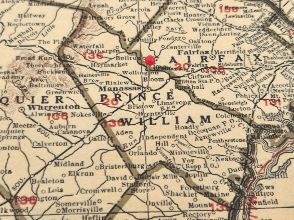 Historic map of Northern Virginia showcases Prince William and Fairfax counties, with Manassas and notable towns marked in vintage typography