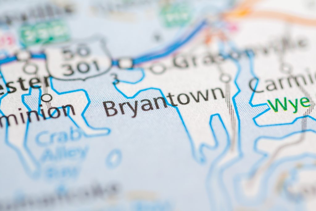A close-up of a map, highlighting the town of Bryantown.