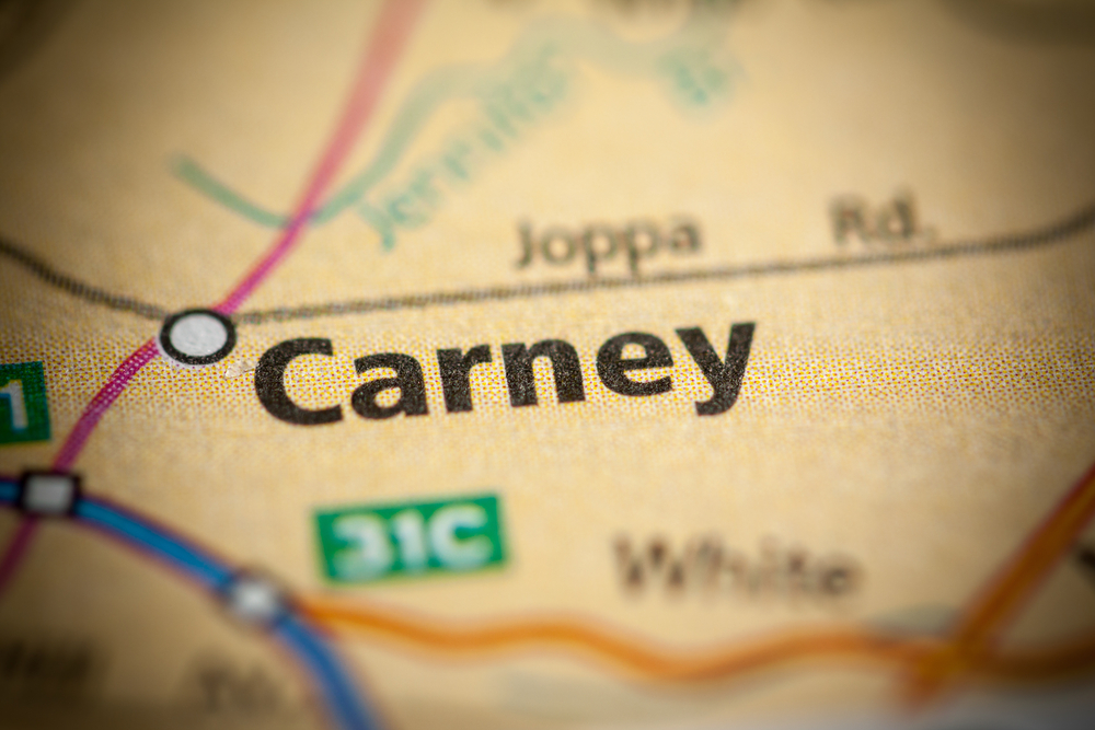 Carney, Maryland on a map.