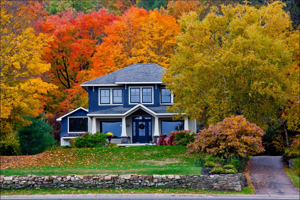 A blue house with white trim sits nestled amongst the vibrant autumn foliage, a stone wall and winding driveway leading to its welcoming doorstep.