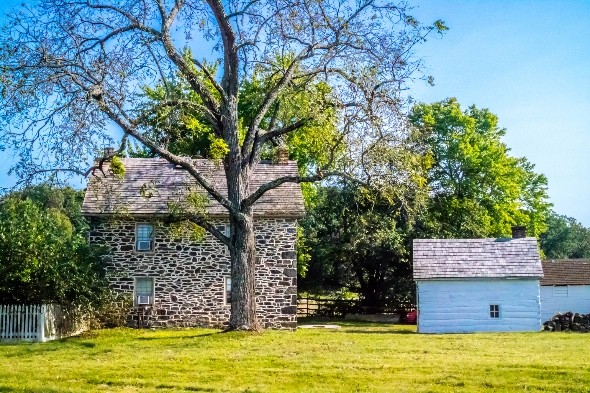 Historic charm amidst nature: a quaint stone house and rustic cabin bask in the sunlight.