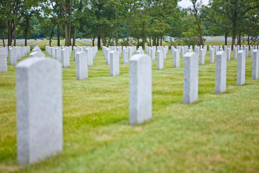 Silent rows of gravestones stand in solemn tribute amid lush green fields.