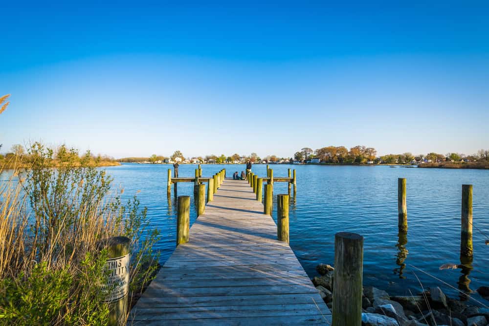 Wooden pier stretches into tranquil waters on a perfect blue-sky day, with waterfront homes dotting the distant shoreline