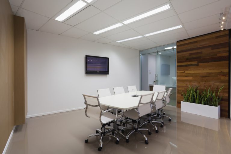Sleek and modern conference room ready for business.