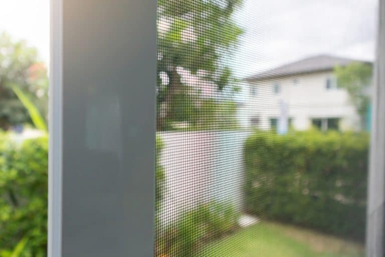 A serene view of a garden through a window screen, capturing the tranquility of suburban life.