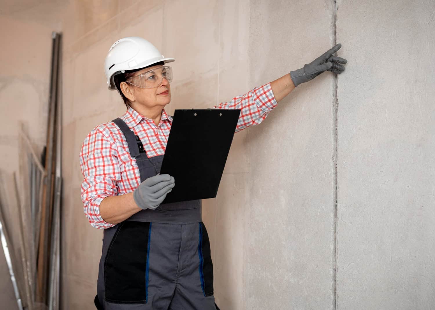 Home inspector checking an interior wall for cracks near a door frame
