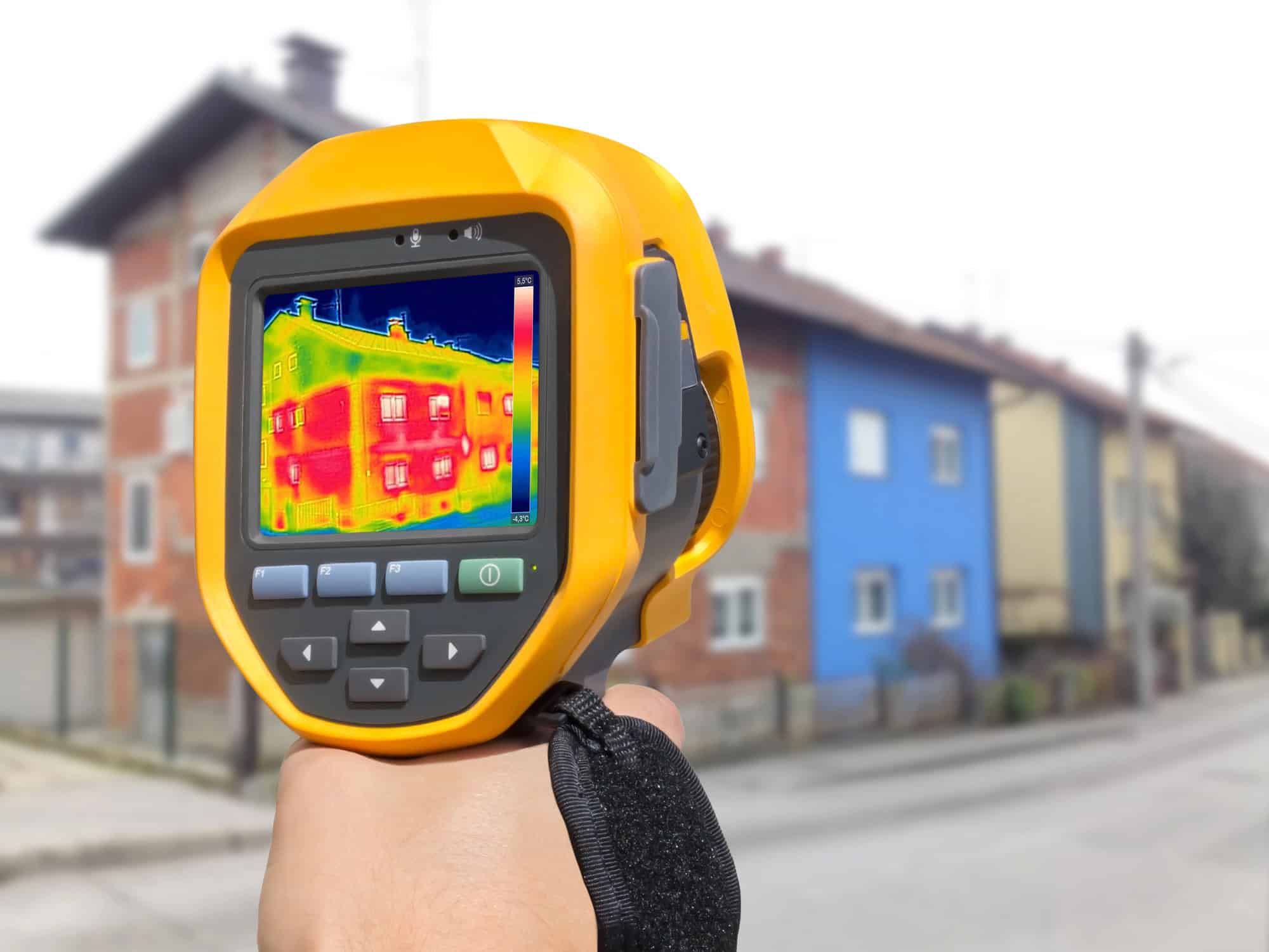 Using a thermal imaging camera to detect heat loss in a residential building.