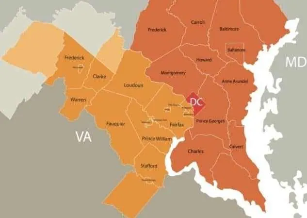 Map highlighting the Washington, D.C. metropolitan area and surrounding counties in Virginia (VA) and Maryland (MD).