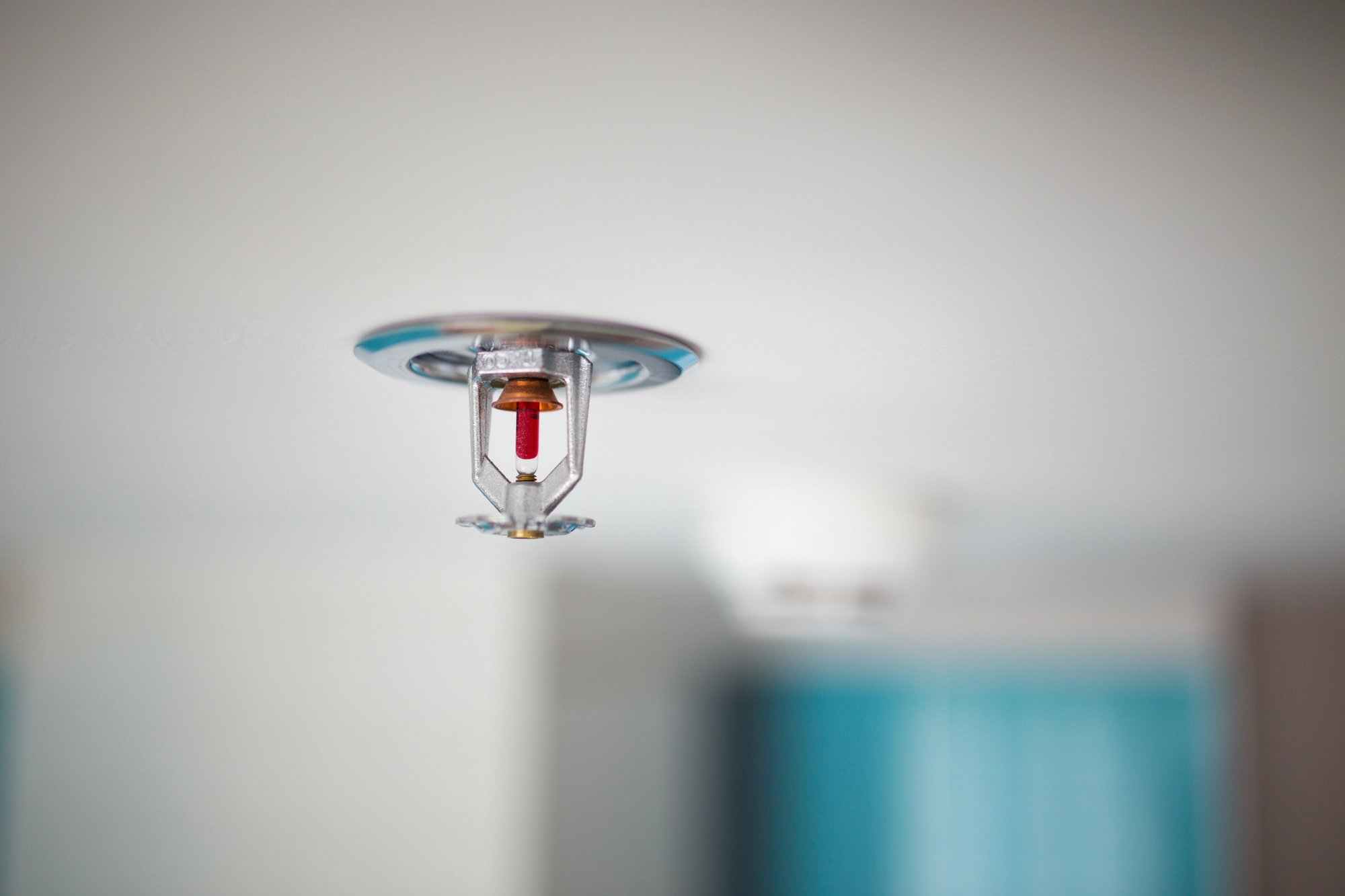 Close-up of a ceiling-mounted fire sprinkler, ready to protect the room in case of emergency.