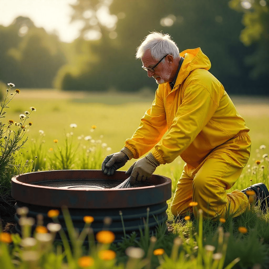 A sanitation worker, middle-aged, Caucasian male with a weathered face, wearing a bright yellow hazmat suit and thick gloves, pumping out a septic tank on a rural property during a sunny summer afternoon. The tank is partially buried in a grassy field, with a rusty metal lid ajar, surrounded by wildflowers.