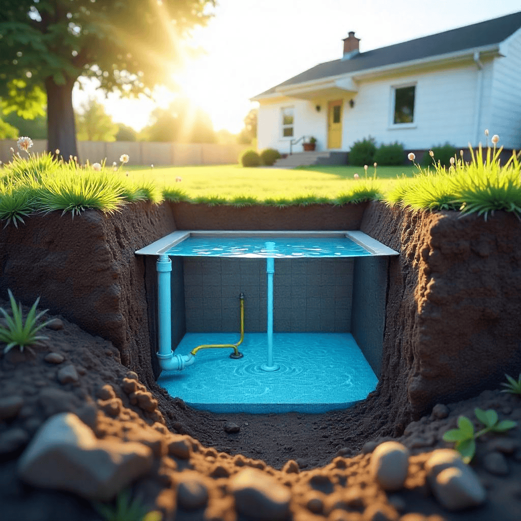 A cross-sectional view of a septic tank system buried underground in a suburban backyard during a sunny summer afternoon, showing the tank, inlet pipe, outlet pipe, and drain field.