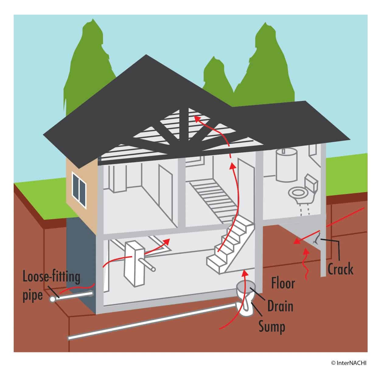 Illustration showing how radon gas enters a house through cracks, loose-fitting pipes, and floor drains, potentially contaminating indoor air.