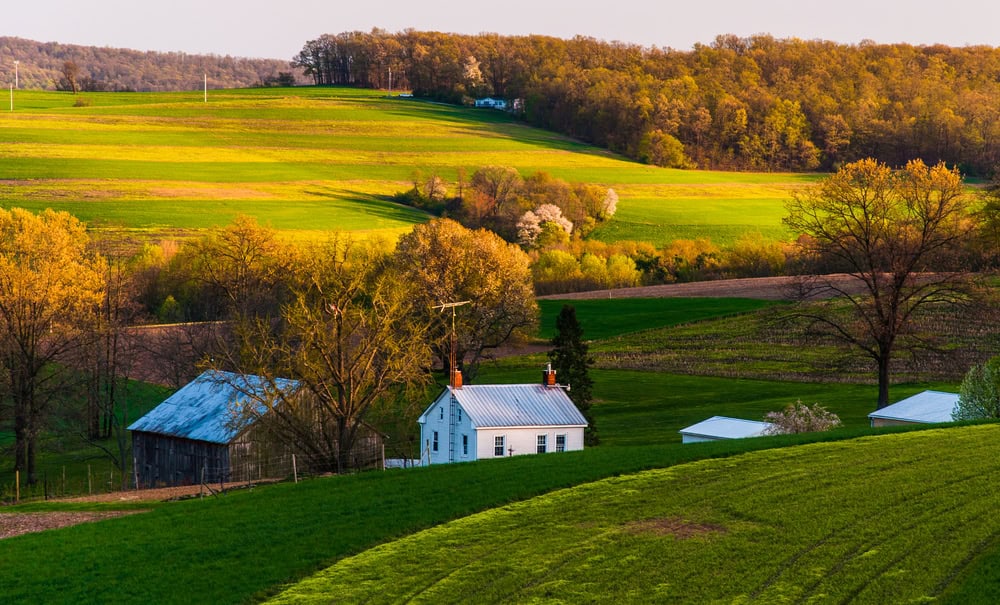 A charming white farmhouse nestled among rolling green hills and golden trees at sunset in the peaceful countryside.